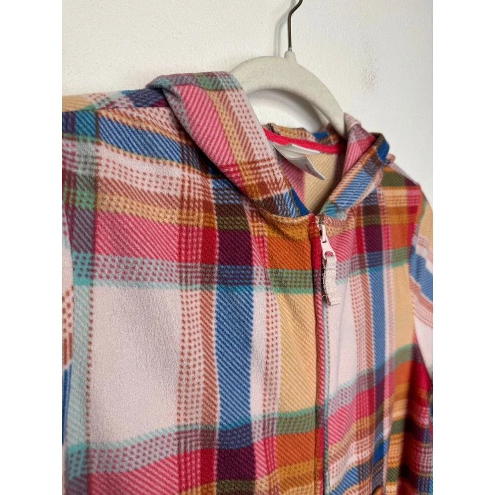 Cat & Jack Girls XL Plaid Union Suit One Piece Hooded Pajama Fleece Pink Red